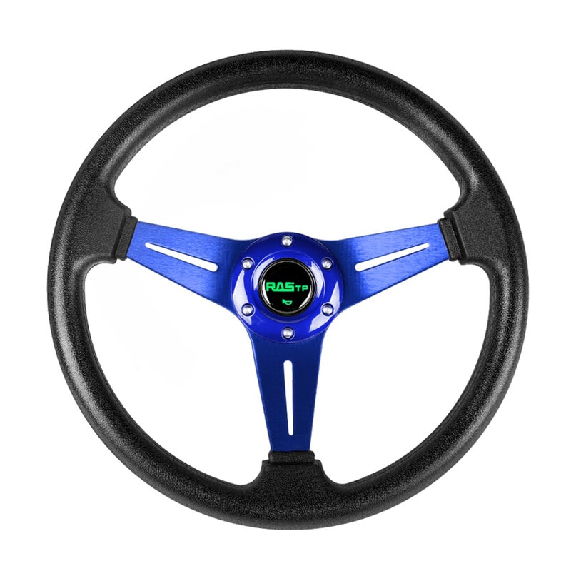 RASTP Universal Racing Steering Wheel 13.8â€/350mm 6 Bolts Grip Vinyl Leather & Aluminum with Horn Button for Car - Blue - Image 1